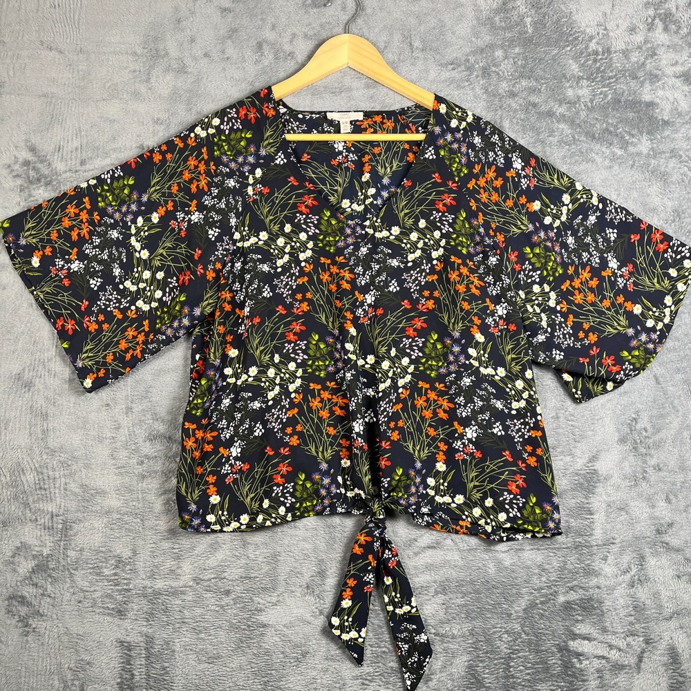 Como Vintage Floral Blouse Top Womens Large V Neck Tie Front Multicolor Raglan